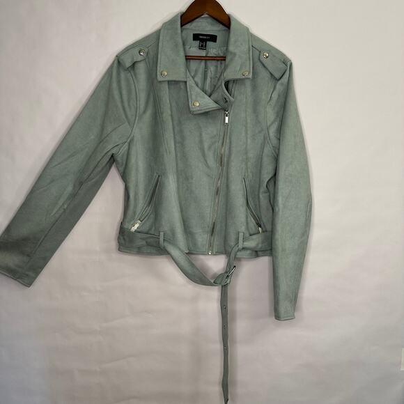 NWOT Forever 21+ Size 2X Mint Blue-Green Faux Suede Motor Jacket - Picture 3 of 14